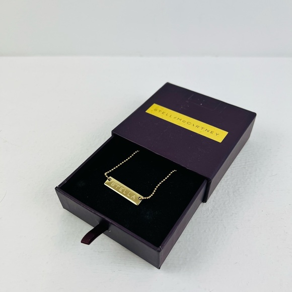 Stella McCartney Soft Gold Embossed Logo Name Plate Ball Chain Necklace - Picture 4 of 16